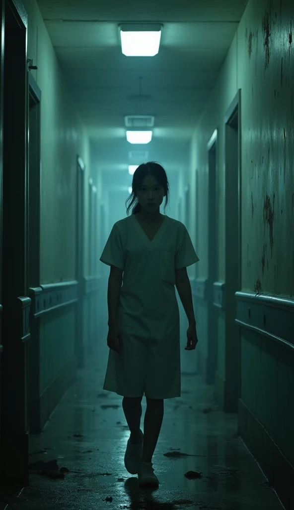 Image of a Vietnamese nurse, eyes looking around worriedly, walking in the hospital hallway, the scene is gloomy and scary