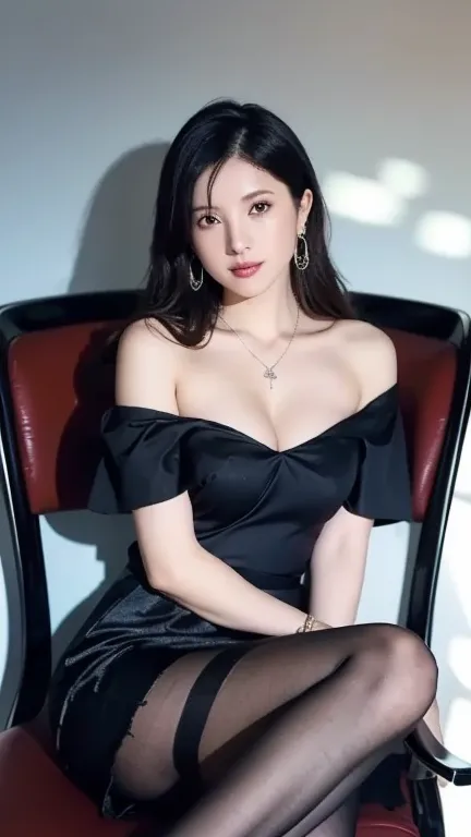 a beautiful woman is sitting on a chair( sexy off shoulder )(( thin black pantyhose))、 long skirt with slit 、
  , masterpiece,  ...