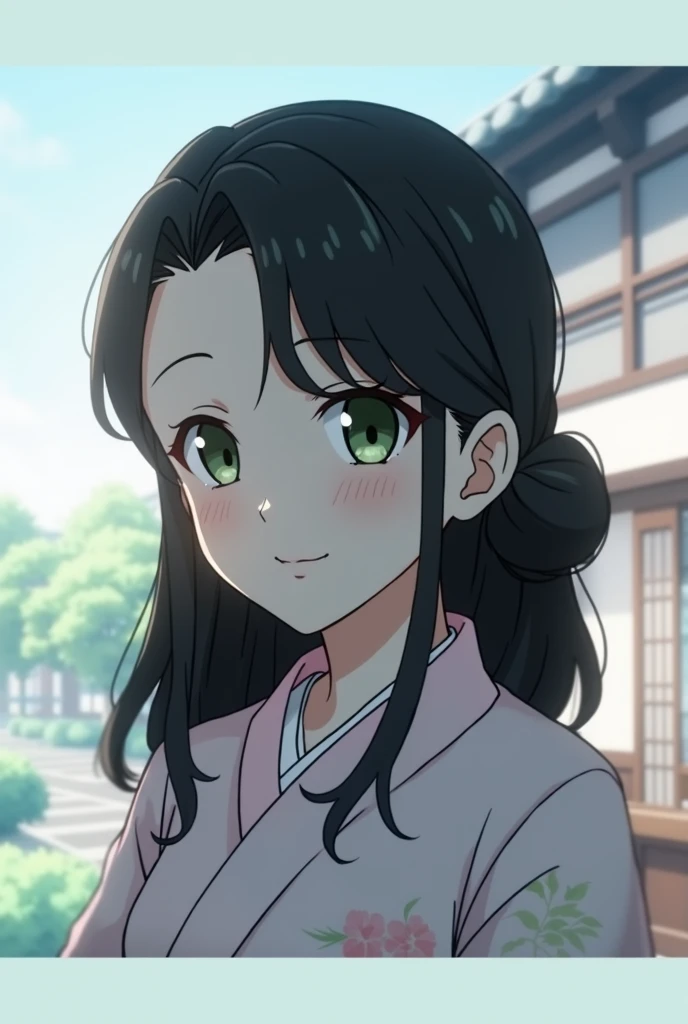 Anime woman, teahouse waitress, japanese style, wearing a pink yukata, black hair styled in a bun, beautiful, smiling, green eyes