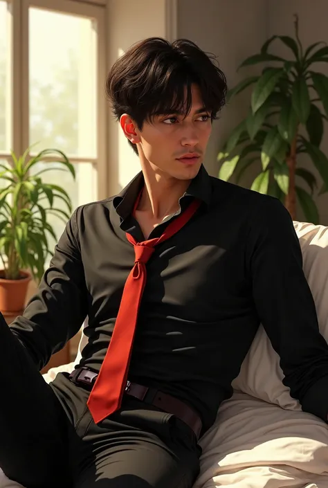 (photorealism:1.2) handsome young man, sitting on bed, wearing Black shirt, red tie,short hair, indoors, soft lighting, plants in background, window with sunlight, cozy room, relaxed pose, realistic, intricate details, warm colors, by Greg Rutkowski, by Al...