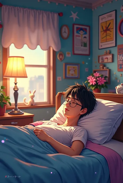 Brown college boy with glasses asleep in his anime-style bed