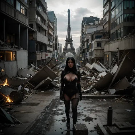 A mysterious ghostly woman with long, flowing black hair and a curvaceous figure lies amidst a destroyed miniature cityscape. Her expression is one of hunger, with her mouth open, conveying an intense and otherworldly presence. She is unclothed, adding to ...