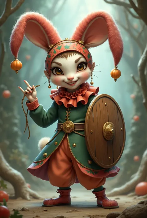 White female rabbitfolk wearing a jester outfit and holding a whip and wooden shield