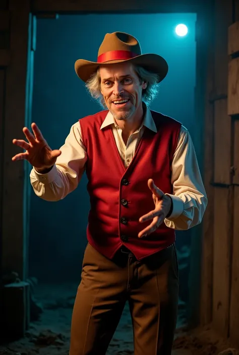 Willem Dafoe wearing wide-brimmed brown hat tilted slightly which has a red band around it, revealing medium white hair. His outfit consists of a red vest over a white shirt with rolled-up sleeves, paired with brown pants, his animated gestures suggest a l...