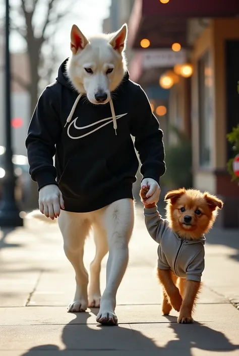 A muscular dog,  with shiny white fur and impressive size ,  wears a black Nike sweatshirt with white details and a lightly fitted hood .  He walks with firm and confident steps ,  the movement of his front legs is fluid ,  with visible muscles flexing at ...