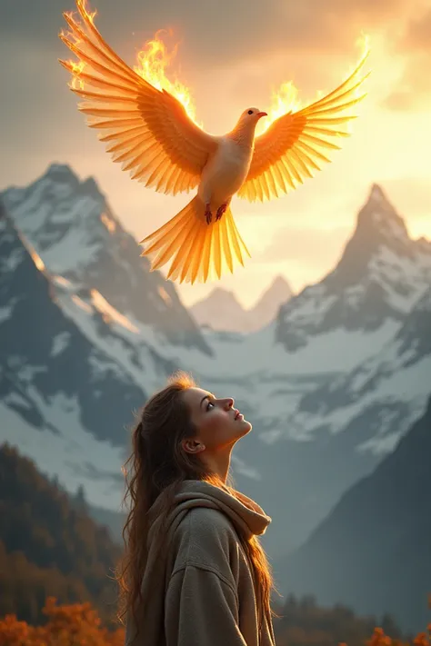 A young woman raising her eyes to the mountains and here is a dove burning with fire and power