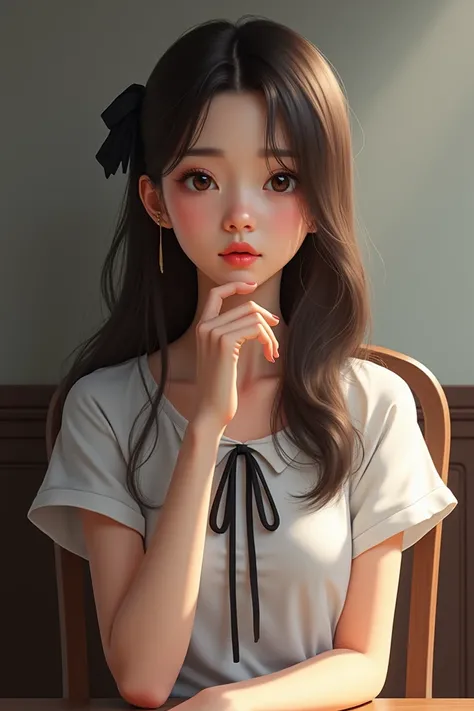 asian girl, long hair, looking at viewer,brown hair, shirt, bow, sitting, white shirt, short sleeves, indoors, bowtie, lips, black bow, chair, table, black