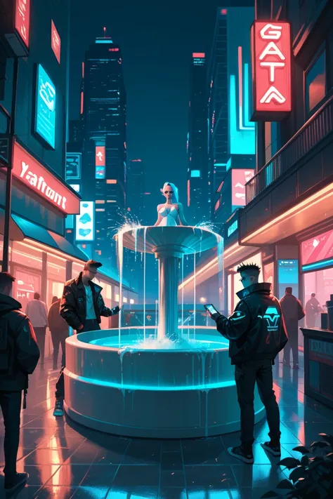  black and white , futurist, cyberpunk, neon, Square with a fountain, without people