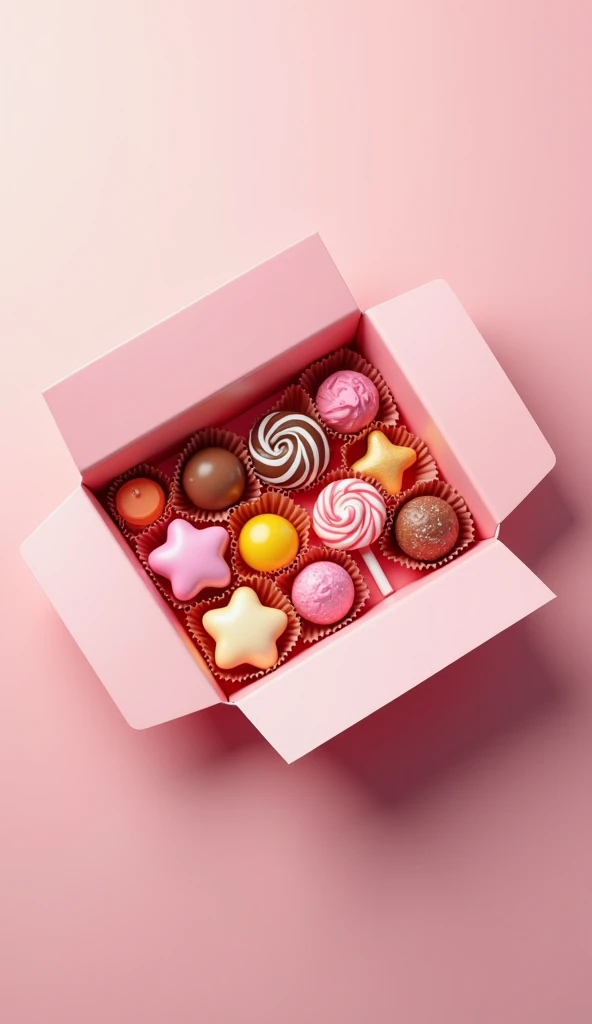  to generate an image with a background where there is an open box with 3 candies and 7 lollipops, The image has to be viewed from above ,  to see all the candies 