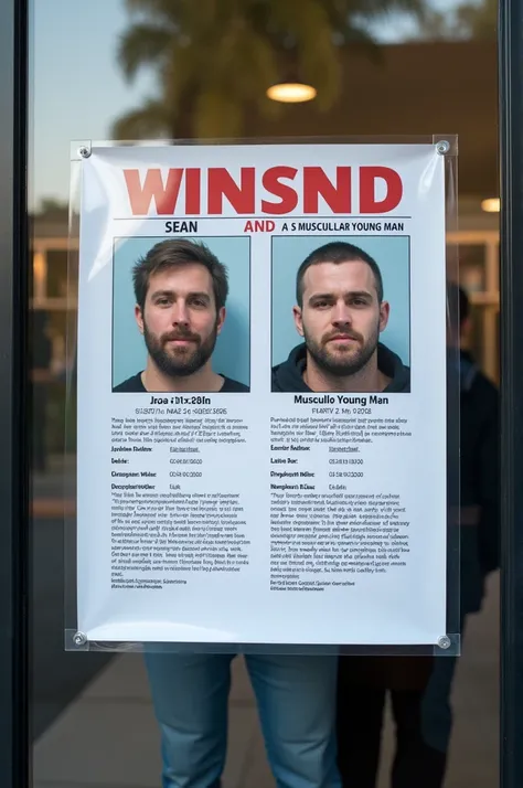 Image of a sign that says that Sean and a muscular young man are being sought