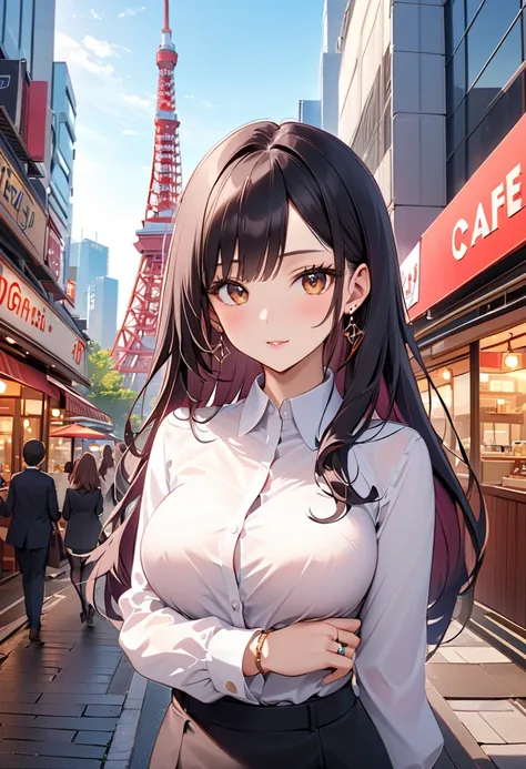  best quality,  amazing,delicate,  super detailed, beautiful, 8k ,  1 girl,  black long hair by lla,Business shirts,  earrings for a woman alone, Outdoor,  bright 、Married Woman,sunlight、Clear skies、Cafes in Tokyo、Skyscrapers in the background、 Tokyo tower...