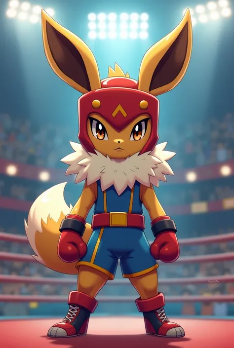 Eevee wearing a fighter mask and uniform at a boxing stadium 