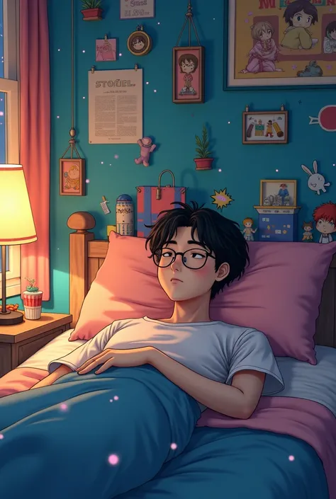 Brown college boy with glasses asleep in his anime-style bed