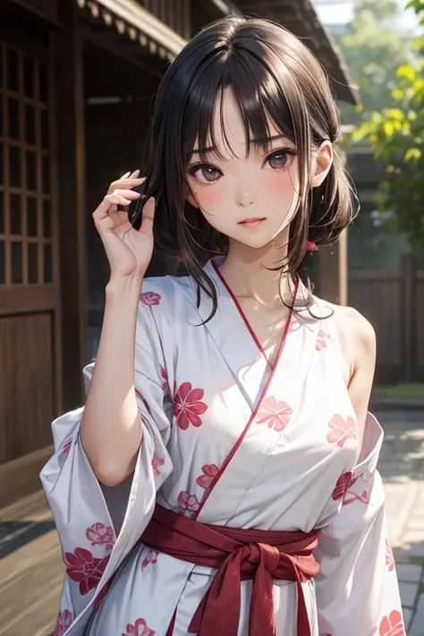 yukata  、Random  pose、20-year-old woman、s lips:A sexy、Hair color: Dark brown、Translucent skin， the skin is fair 、Random Hairstyles、Moist eyes、Gentle eyes、、Slim and soft、Gentle look、the background is blurred ,  random eye color、random mouth 、Shoulder Bare、(...