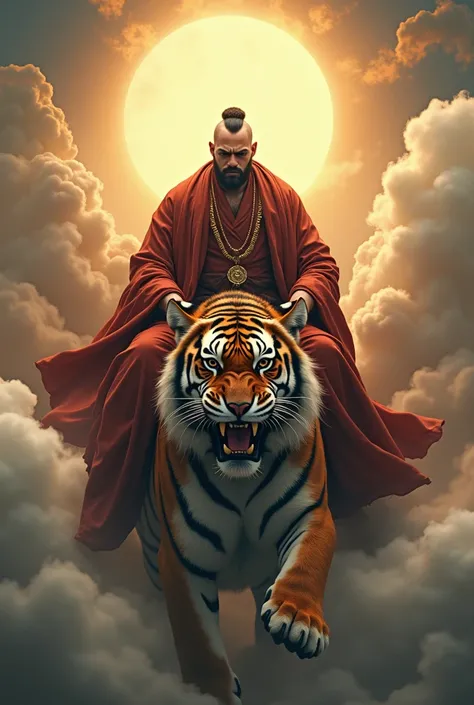 , a man with a massage , aggressive face ,Put on a Buddhist priest dress ,Tiger Ride, with a golden halo on the back, with clouds rolling in waves ,8k