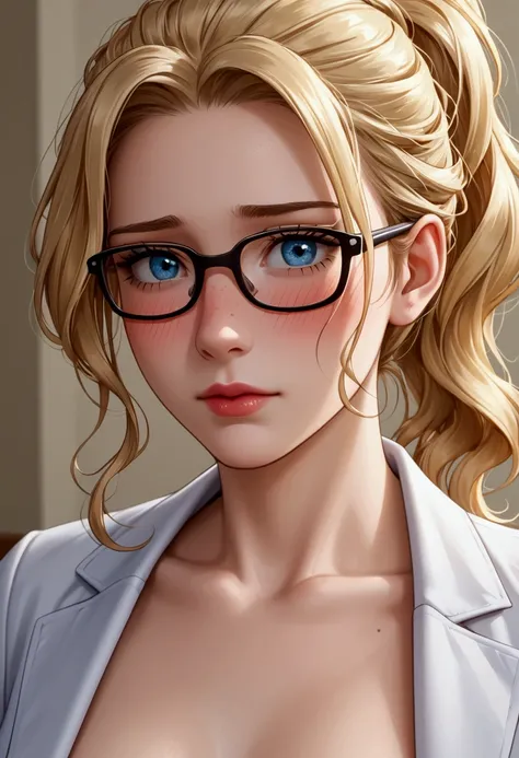 A beautiful petite woman, nude, glasses, blonde hair in a messy ponytail, open lab coat, blushing, nervous, posing on a bed, close-up view, highest quality 