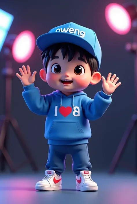 This is a 3D rendering of a stylized boy anime character. She has large eyes, black short hair, and is wearing a blue sweatshirt with "heart" written on it and a blue baseball cap with "oweng" on it. And white shoes Nike logo And his hand sign of punch whi...