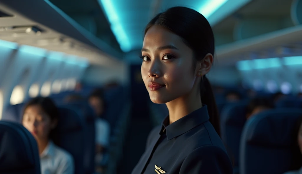 Ultra-realistic cinematic portrait of Sari, a 25-year-old Indonesian flight attendant, standing in the dimly lit airplane cabin during the quiet hours of a red-eye flight. Her face is calm and composed, but her dark, focused eyes betray the weight of the m...