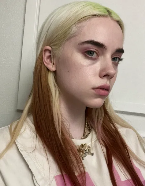  blonde woman with long hair and pink shirt looking at the camera, Billie Eilish, she looks like a mix of grimes, two-tone blond and brown hair , looks like a mix of grimes,  her hair is white, looks like a mix of grimes,  two-tone brown and blond hair ,  ...