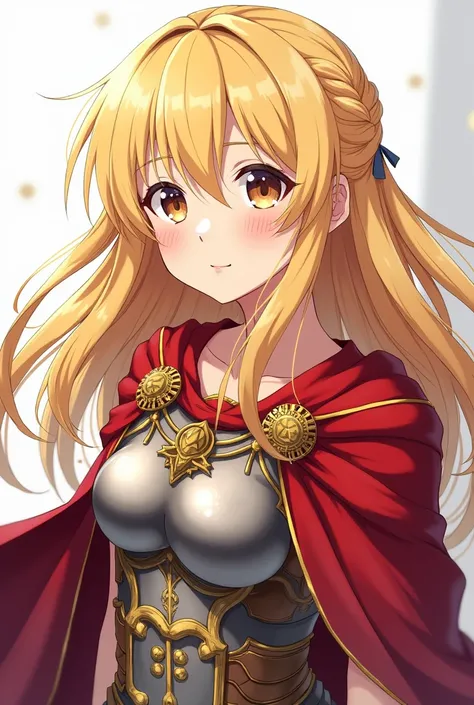 A young girl,  Roman soldier from the Centurion patent, She is a blonde with long hair and cute, in anime version,  shes smiling slightly 