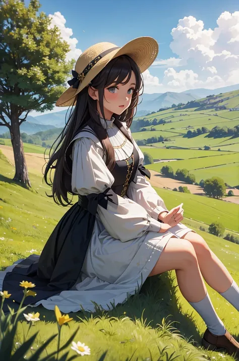 Girl singing in the countryside,Sit on the grass, Medieval European Clothes ,Watch the shepherd and the sheep ,Dynamic angle