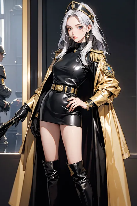  Galactic Empire Space Force Female Officer ,  Silver Hair,  Future Pickelhaube ,  Full Body Black Leather with Gold Mall Military Uniform, Miniskirt,  knee-high boots,  Hanging a Gold Dagger ,  full body shot,  cowboy shot, Baroque Wind Command Center 