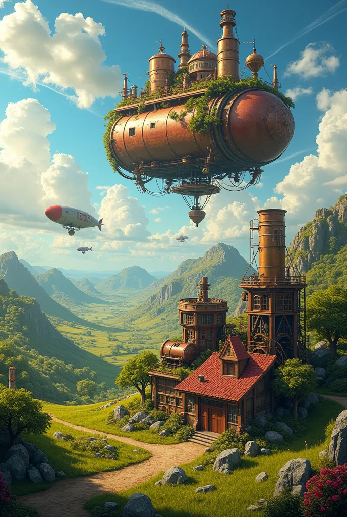 a vibrant steampunk world featuring a mechanical farm, with intricate gears and steam-powered machinery. above, a floating city ...