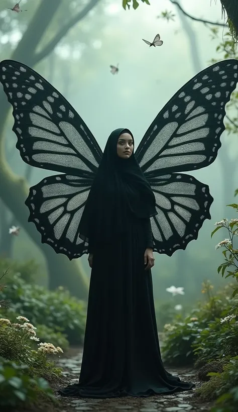 full body shot, Araffe butterfly womans wings in a black muslim dress、wearing long hijab, black hijab, face looking to camera, many fly little fairy, magical lighting, in the bautiful misty fairy garden, full of mysterius vibes, Very Beautiful Japanese Wom...