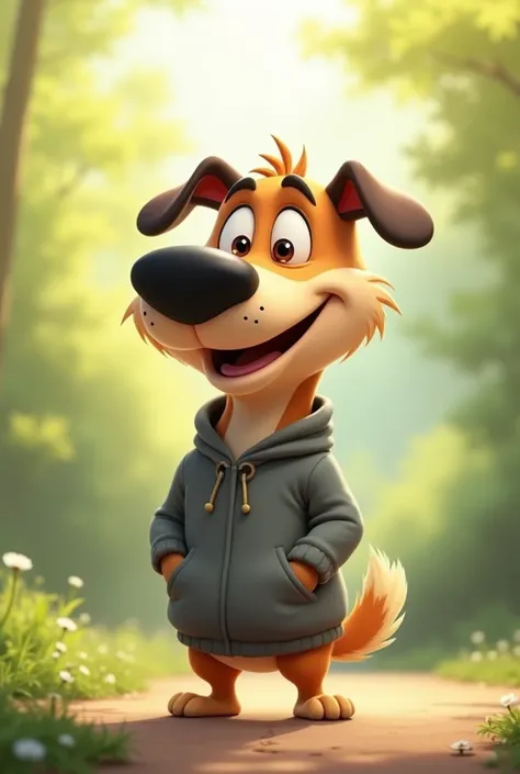 a cartoon dog ,his head is in a half-sided ,  with a chill and relaxed smile ,  that is on 2 legs and with its arms in the pockets of the pants a little loose,Shes wearing a gray coat,  position and is in a natural environment and has a very large black no...