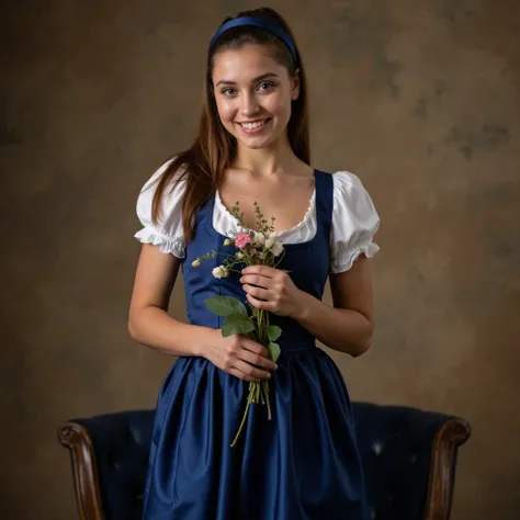  Realistic upper body portrait of a young Spanish brunette aged 23 with long hair,  ponytail , hairband, smile.  She poses in front of the camera in a short dark blue satin dress with a satin apron ..., Oktoberfest,glamour fotoshooting, Wedding celebration...