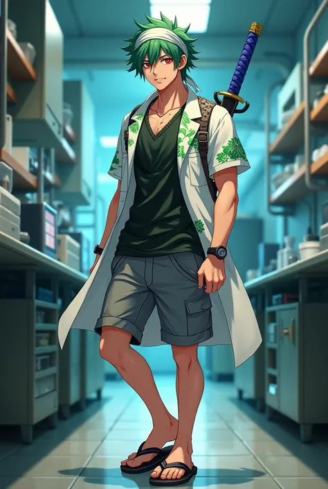  Male Missy short hair green color ,white polo with green flowers ,have red eyes  ,wearing flipflop, black short gray camo, katana blue handle on his back. Male,hacker,eye glasses,head bandana,topless with lab coat,mid hair,blue short pants,flipflop,laptop...