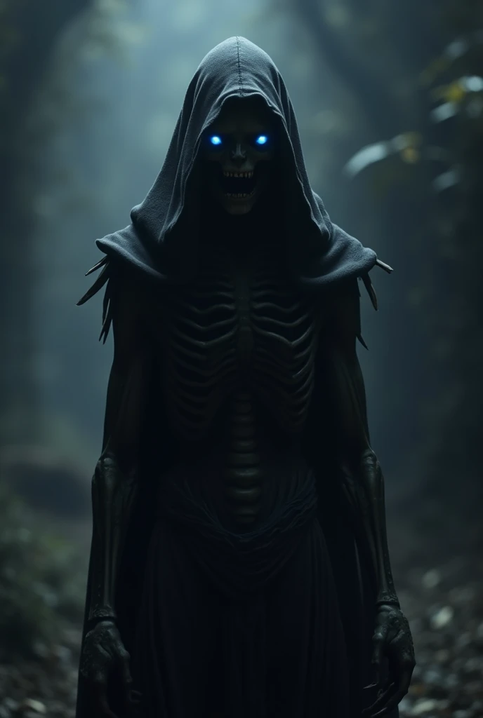  creates a monster with a slender and bony figure,  totally black skin and dark blue eyes , with a hood and without a mouth 