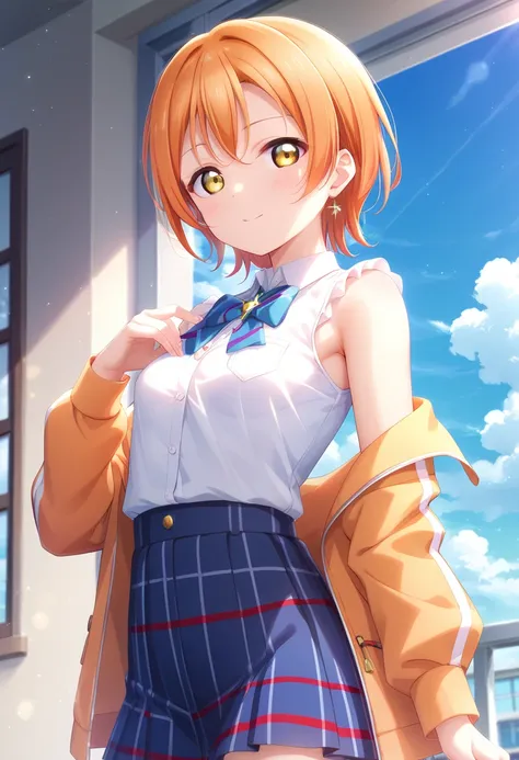 {{{masterpiece}}}, {{{best quality}}}, {{ultra-detailed}}, {illustration}, {{an extremely delicate and beautiful}}, orange hairRin Hoshizora Love Live 星空 凛、 orange hair、 short hair on the nose 、Yellow Eyes、20old、 small average breasts outfit : Suit top and...