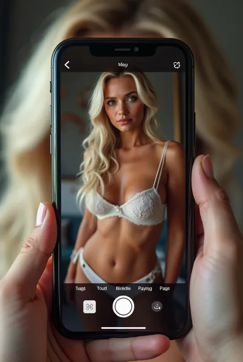 on the screen of smartphone camera app frame, It shows sexual porn content of a seductive and sensual Scandinavian tall blonde with big breasts, full of sexual suggestions and sexual stimulation for commercial purposes, wasting time and ruining the lives o...