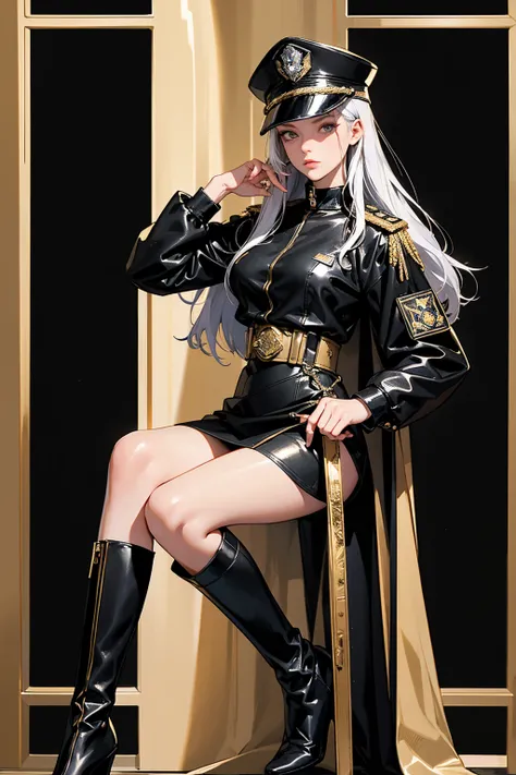  Galactic Empire Space Force Female Officer ,  Silver Hair, military cap,  full body black leather with gold mall military uniform, Miniskirt,  knee-high boots,  Hanging a Gold Dagger ,  full body shot,  cowboy shot, Baroque background 