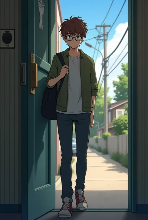 Brown college boy with glasses LEAVING THE HOUSE TO GO TO WORK IN THE MORNING WITH A SAD ANIME-STYLE FACE