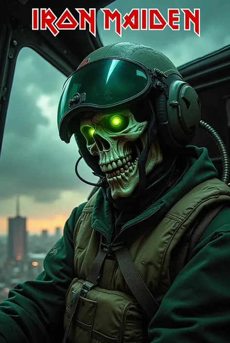  An album cover in the style of Iron Maiden with an original character inspired by Eddie .  The character is in the cabin of a MH-6 Little Bird aerial reconnaissance helicopter ,  wearing a green flying diver ,  a light brown tactical vest and a helicopter...