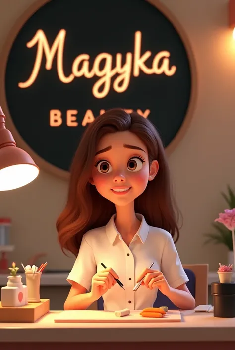  Pixar cover of an eyebrow artist girl with medium length straight mahogany hair. dark brown eye color  , At a spa making eyebrows .  With a large sign that says “magyka beauty” with a black beige background 