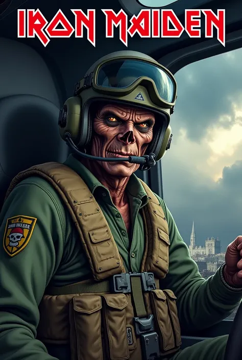  An album cover in the style of Iron Maiden with an original character inspired by Eddie .  The character is in the cabin of a MH-6 Little Bird aerial reconnaissance helicopter ,  wearing a green flying diver ,  a light brown tactical vest and a helicopter...