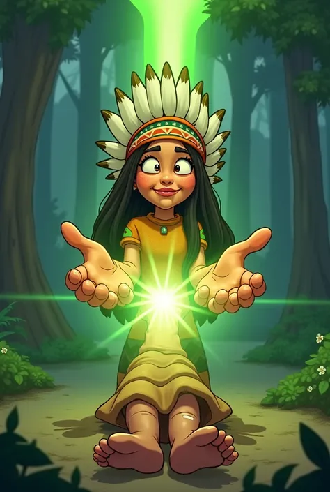 Cartoon of an indigenous woman with a headdress, Kind Face ,  emerges from the hands with open hands over a s leg injury. A green beam of light 