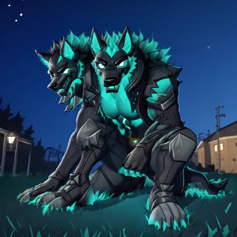 cerberus-fortnite, outside, streetlight, 1boy, one head, stars, all four on the ground