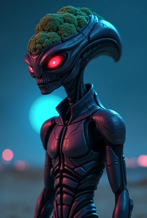 Totally creepy CGI alien with the head in a shape that reminds a broccoli-head, red evil eyes, modern lilac metal armor outfit, realistic and creepy CGI, 3D, string male alien, cinematic, very cinematic, dark night desert blue dramatic light at fall out of...