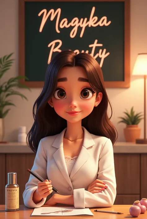  Pixar cover of an eyebrow artist girl with medium length straight mahogany hair. dark brown eye color  , at a spa .  With a large sign that says “magyka beauty” with a black beige background 