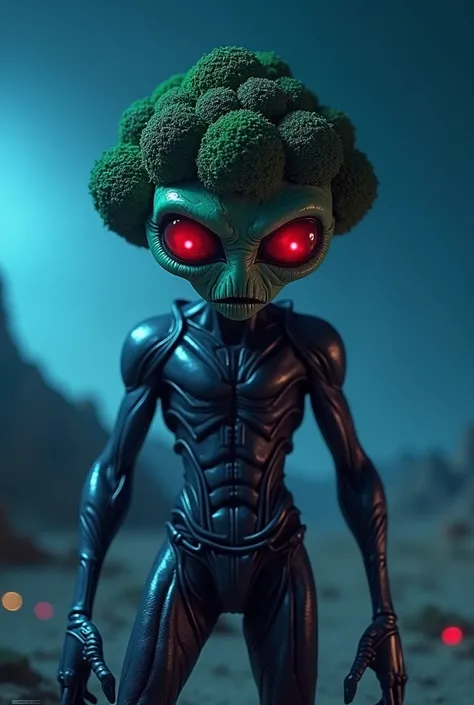 Totally creepy CGI alien with the head in a shape that reminds a broccoli-head, red evil eyes, modern lilac metal armor outfit, realistic and creepy CGI, 3D, string male alien, cinematic, very cinematic, dark night desert blue dramatic light at fall out of...