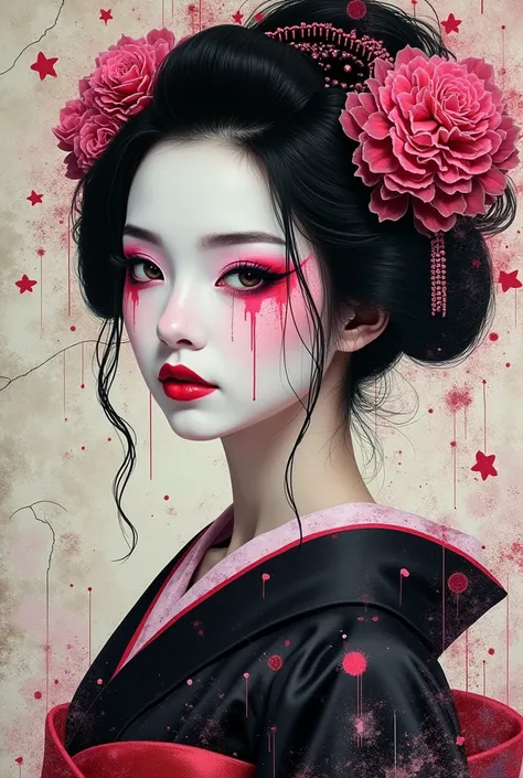 a black and pink felt-tip drawing, half portrait of a Japanese woman with geisha makeup, photo covered with a broken window, drawing sprayed with bleach, ancient gothic art, award-winning work of art, unknown artist, rendering of octane