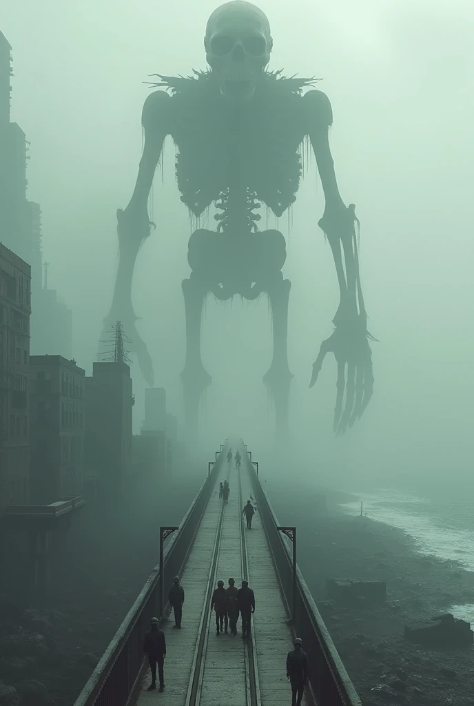  A foggy modern city, gray air, broken buildings, and the sea with no end visible at the end of the road ,  A two-lane bridge with an invisible long end connected to the road in the middle of the ocean , 다리 위 이차선을 따라 오고가는 빌딩 크기만한 얼굴은 해골같으나 몸은 얇고 긴 monster과...