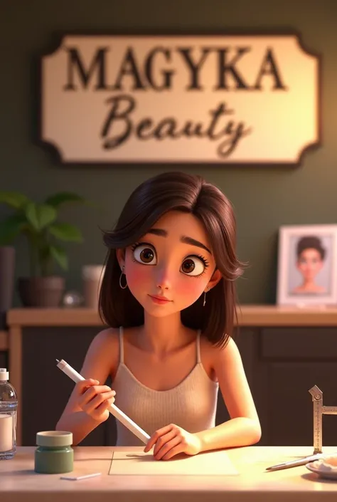  Pixar cover of an eyebrow artist girl with medium length straight mahogany hair. dark brown eye color  , In a spa making EYEBROWS  .  With a large sign that says “magyka beauty” with a beige black background and that there is a white pencil on the table, ...