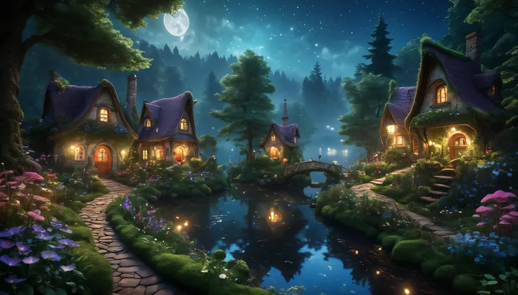 (best quality, 4k, 8k, highres, masterpiece:1.2), ultra-detailed, (realistic, photorealistic, photo-realistic:1.37), a charming fairy village at night, in the middle of a dense forest, enchanted forest, glowing mushrooms, whimsical treehouses, lush greener...