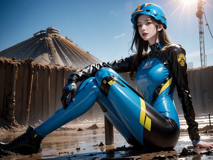  highest image quality , Highlight details, super high resolution, ( realistic : 1.4),  best illustration , Favor details, Highly concentrated Anne Hathaway, Pretty face,  full  , long legs, wearing a blue all-pack bright one-piece gelcoat mecha,Wearing a ...