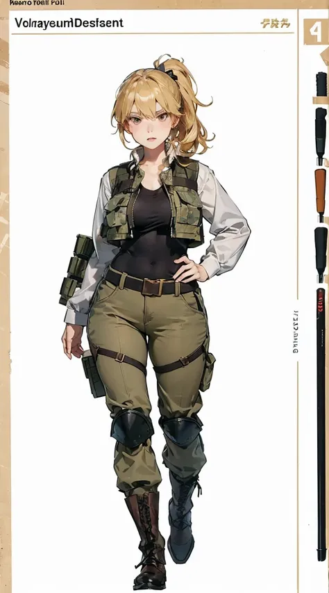 full body, Camouflage uniform, armor vest, body armor, standing position    one mature woman,(solo),parietal,
(khaki hair),short ponytail,
brown eyes,(beautiful detailed eyes),
large breast, voluptuous,

((serious)),noble,no ornaments,
military jacket,
lon...